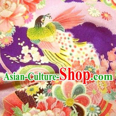 Asian Traditional Classical Peacock Pattern Purple Tapestry Satin Brocade Fabric Japanese Kimono Silk Material