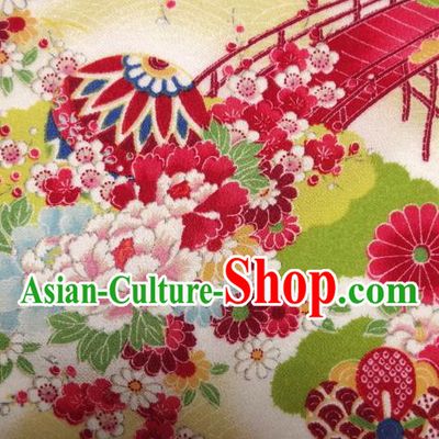 Asian Traditional Classical Peony Pattern Yellow Brocade Tapestry Satin Fabric Japanese Kimono Silk Material