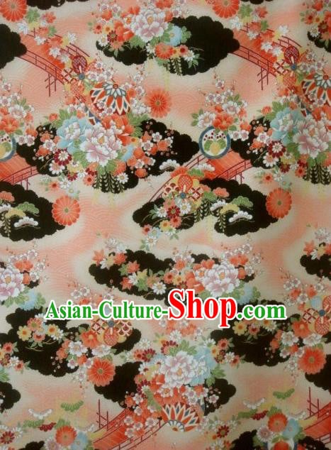 Asian Traditional Classical Peony Pattern Black Brocade Tapestry Satin Fabric Japanese Kimono Silk Material