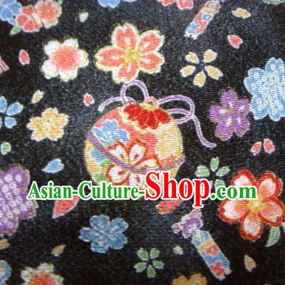 Asian Traditional Kimono Classical Sakura Bells Pattern Black Brocade Tapestry Satin Fabric Japanese Silk Material