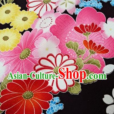 Asian Traditional Kimono Classical Flowers Pattern Black Brocade Tapestry Satin Fabric Japanese Silk Material