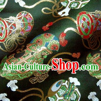 Asian Traditional Kimono Classical Drum Pattern Green Nishijin Brocade Tapestry Satin Fabric Japanese Silk Material