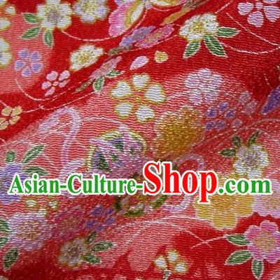 Asian Traditional Classical Butterfly Sakura Pattern Red Brocade Tapestry Satin Fabric Japanese Kimono Silk Material