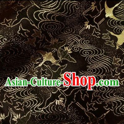 Asian Traditional Kimono Classical Cranes Pattern Black Nishijin Brocade Tapestry Satin Fabric Japanese Silk Material