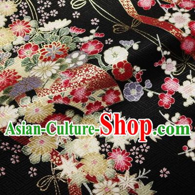 Asian Traditional Kimono Classical Sakura Pattern Black Nishijin Brocade Tapestry Satin Fabric Japanese Silk Material