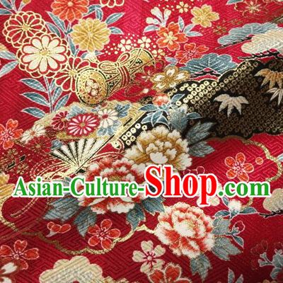 Asian Traditional Kimono Classical Peony Pattern Red Brocade Tapestry Satin Fabric Japanese Kyoto Silk Material