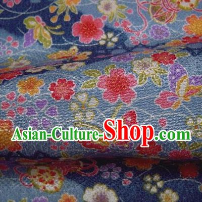 Asian Traditional Classical Butterfly Sakura Pattern Blue Brocade Tapestry Satin Fabric Japanese Kimono Silk Material