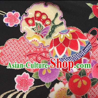 Asian Traditional Kimono Classical Ball Pattern Black Brocade Tapestry Satin Fabric Japanese Kyoto Silk Material