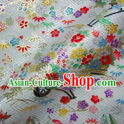 Asian Traditional Kimono Classical Sakura Maple Pattern White Brocade Tapestry Satin Fabric Japanese Kyoto Silk Material