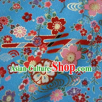 Asian Traditional Kimono Classical Primula Obconica Hance Pattern Blue Brocade Tapestry Satin Fabric Japanese Kyoto Silk Material