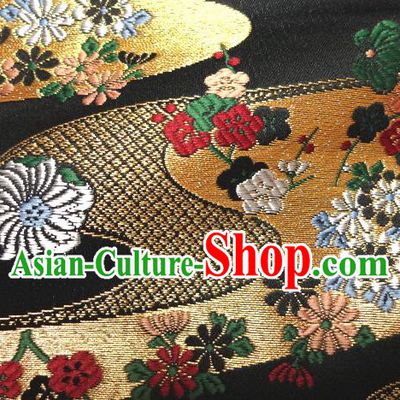 Asian Traditional Kimono Classical Chrysanthemum Pattern Black Damask Brocade Tapestry Satin Fabric Japanese Kyoto Silk Material