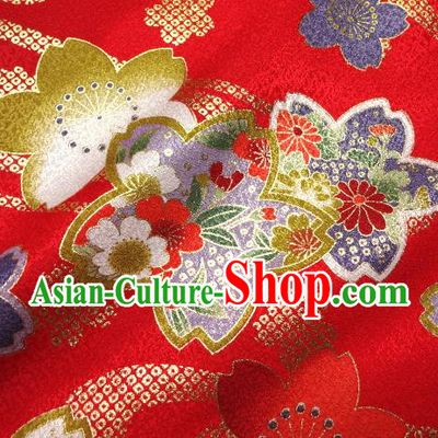 Asian Traditional Kimono Classical Sakura Pattern Red Damask Brocade Tapestry Satin Fabric Japanese Kyoto Silk Material