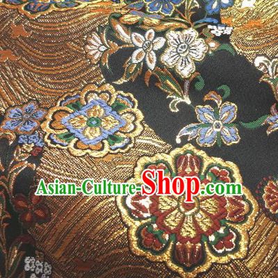 Asian Traditional Damask Classical Hothouse Flowers Pattern Black Brocade Fabric Japanese Kimono Tapestry Satin Silk Material