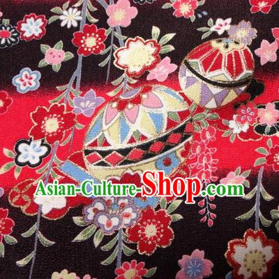 Asian Traditional Kimono Classical Sakura Ball Pattern Black Damask Brocade Fabric Japanese Kyoto Tapestry Satin Silk Material