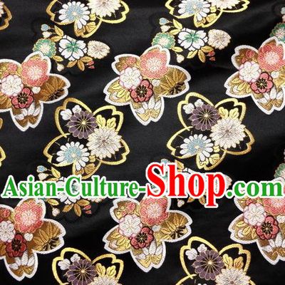 Asian Traditional Baldachin Classical Sakura Daisy Pattern Black Brocade Fabric Japanese Kimono Tapestry Satin Silk Material