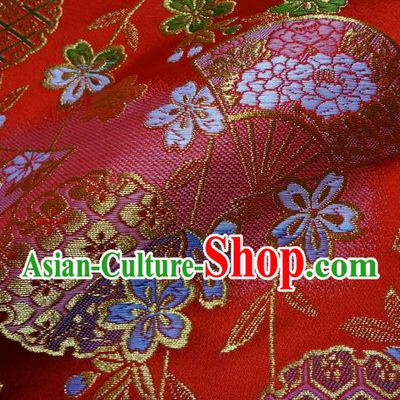 Asian Traditional Classical Sakura Fan Pattern Damask Red Brocade Fabric Japanese Kimono Tapestry Satin Silk Material