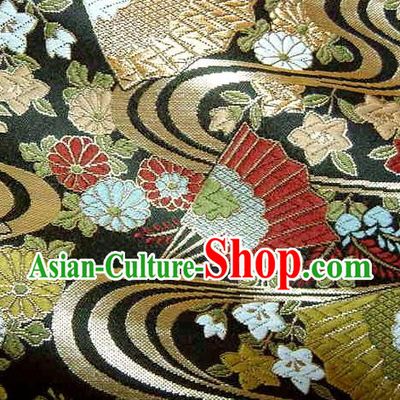 Asian Traditional Japanese Kimono Black Brocade Classical Fan Pattern Damask Fabric Tapestry Satin Silk Material