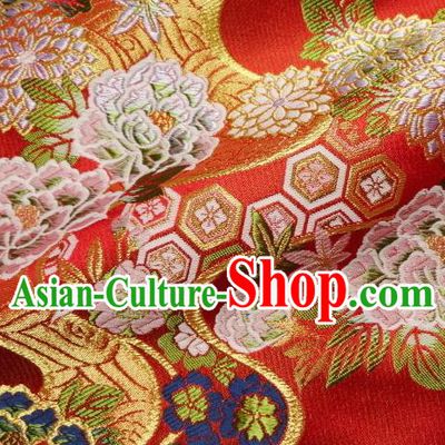 Asian Traditional Classical Peony Pattern Red Damask Brocade Fabric Japanese Kimono Tapestry Satin Silk Material
