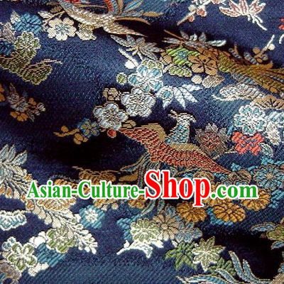 Asian Traditional Baldachin Classical Phoenix Daisy Pattern Navy Brocade Fabric Japanese Kimono Tapestry Satin Silk Material