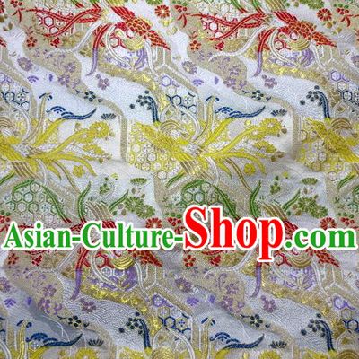 Asian Japanese Traditional Brocade Classical Colorful Phoenix Pattern White Baldachin Fabric Kimono Tapestry Satin Silk Material
