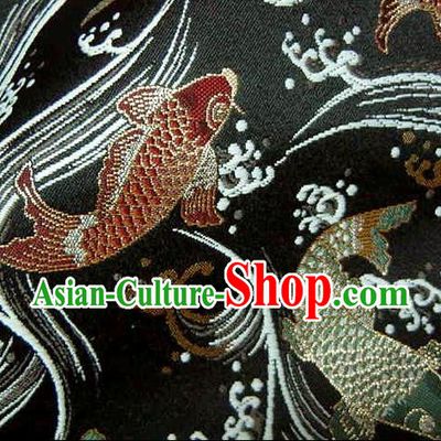 Asian Traditional Japanese Kimono Classical Fishes Pattern Black Tapestry Satin Brocade Fabric Baldachin Silk Material