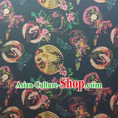 Asian Traditional Watered Gauze Fabric Classical Phoenix Pattern Navy Brocade Satin Silk Material