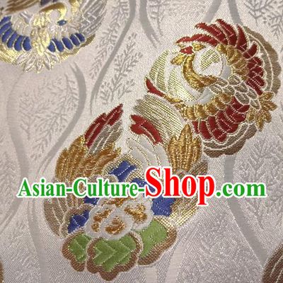 Asian Japanese White Tapestry Satin Traditional Kimono Classical Phoenix Pattern Brocade Fabric Baldachin Silk Material