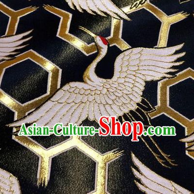 Asian Japanese Traditional Kimono Classical Cranes Pattern Black Tapestry Satin Brocade Fabric Baldachin Silk Material