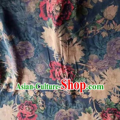 Asian Traditional Fabric Classical Peony Pattern Navy Watered Gauze Brocade Satin Silk Material