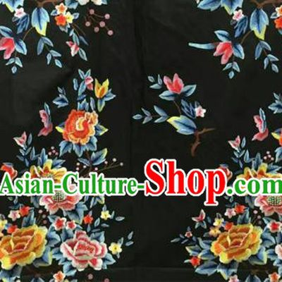 Asian Traditional Fabric Classical Peony Pattern Black Watered Gauze Brocade Chinese Satin Silk Material