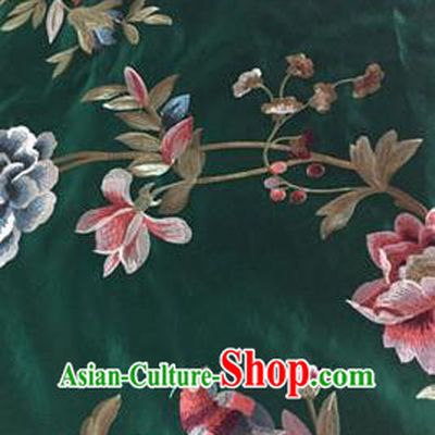 Asian Traditional Fabric Classical Embroidered Peony Birds Pattern Green Brocade Chinese Satin Silk Material