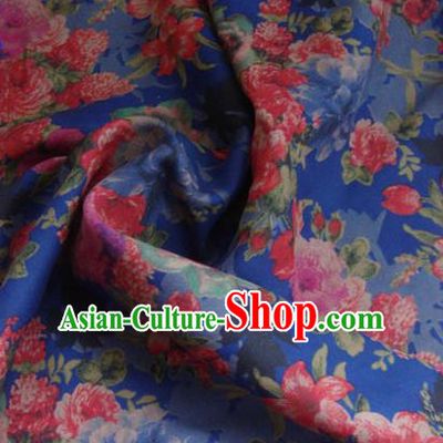 Asian Traditional Fabric Classical Peony Pattern Blue Watered Gauze Brocade Chinese Satin Silk Material