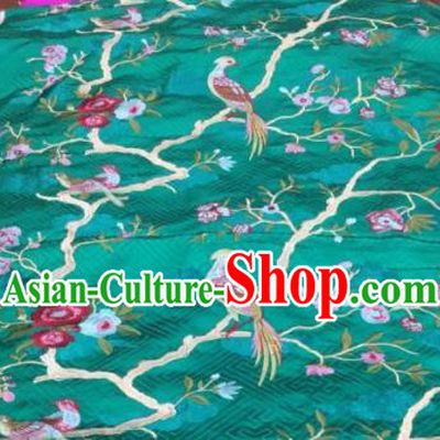 Asian Traditional Fabric Classical Embroidered Bird Flowers Pattern Green Brocade Chinese Satin Silk Material
