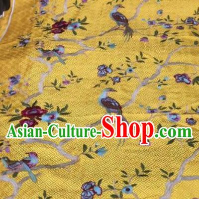 Asian Traditional Fabric Classical Embroidered Bird Flowers Pattern Yellow Brocade Chinese Satin Silk Material