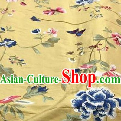 Asian Traditional Fabric Classical Embroidered Peony Butterfly Pattern Yellow Brocade Chinese Satin Silk Material