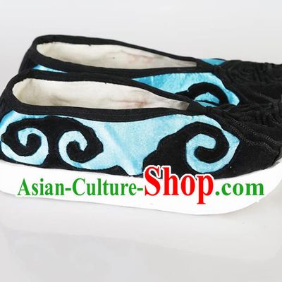 Traditional Chinese Beijing Opera Pantaloon Embroidered Shoes Ancient Hanfu Blue Shoes for Women