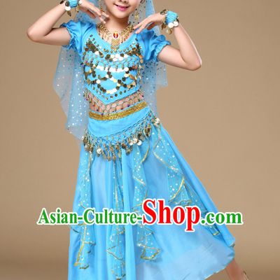 Light Blue Indian Traditional Belly Dancing Costumes Asian India Oriental Dance Costume Complete Set for Kids