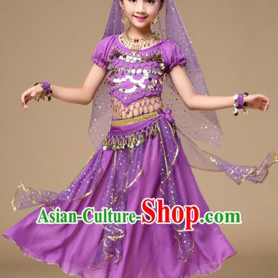 Purple Color Indian Traditional Belly Dancing Costumes Asian India Oriental Dance Costume Complete Set for Kids