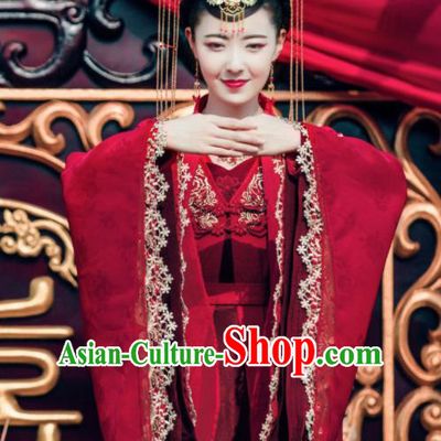 Chinese Ancient Princess Red Hanfu Dress Drama Zhao Yao Bride Traditional Wedding Costume and Headpiece Complete Set
