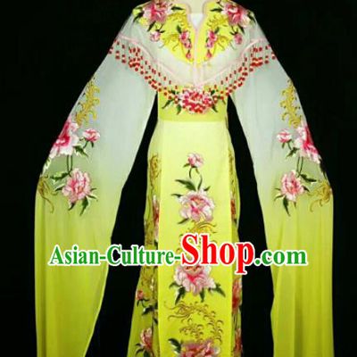 Traditional Chinese Peking Opera Peri Embroidered Peony Yellow Dress Ancient Court Princess Costume for Women