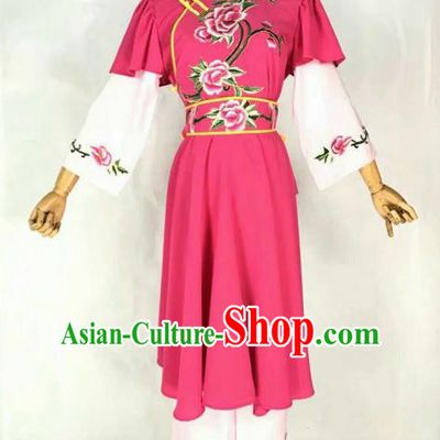Traditional Chinese Peking Opera Maidservants Embroidered Rosy Dress Ancient Village Girl Costume for Women