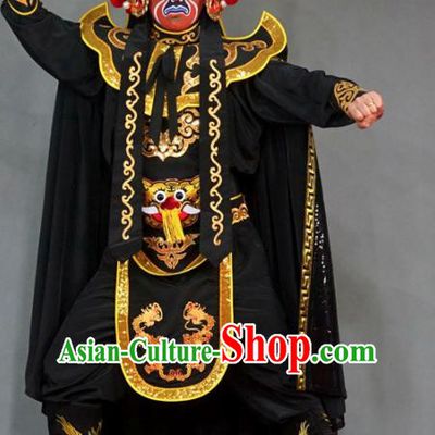 Chinese Traditional Sichuan Opera Face Changing Black Embroidered Costume and Hat Complete Set