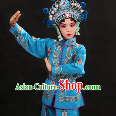 Professional Chinese Traditional Beijing Opera Blues Costume Ancient Swordswomen Blue Clothing for Kids
