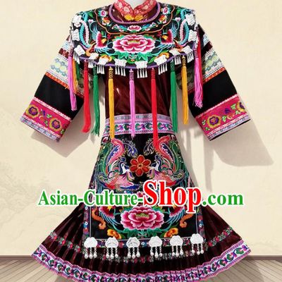 Chinese Traditional Ethnic Folk Dance Costume Miao Nationality Embroidered Dress for Women