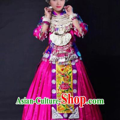 Chinese Traditional Ethnic Costume Miao Nationality Folk Dance Wedding Rosy Dress for Women
