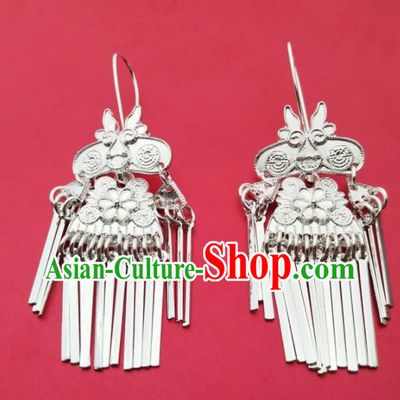 Chinese Traditional Ethnic Ear Accessories Miao Nationality Silver Tassel Earrings for Women