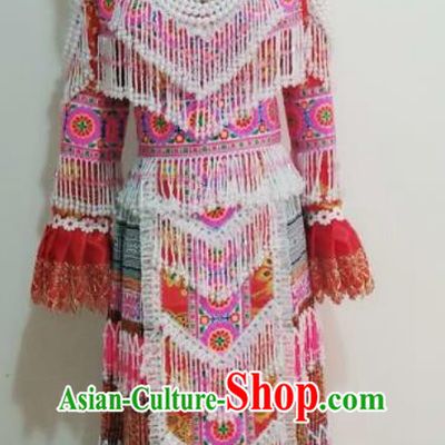 Chinese Traditional Ethnic Folk Dance Costume Miao Nationality Wedding Beads Tassel Dress and Headdress for Women