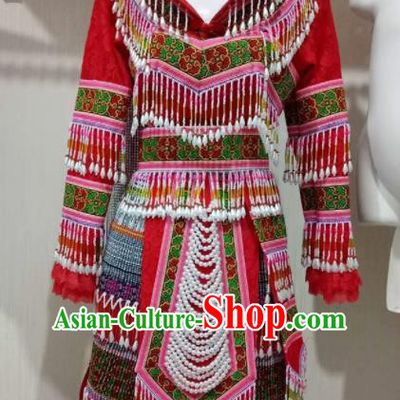 Chinese Traditional Ethnic Folk Dance Costume China Miao Nationality Red Dress for Women