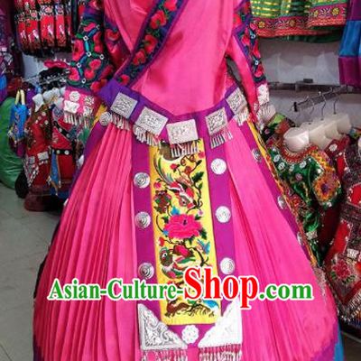 Chinese Traditional Hmong Ethnic Costume Miao Nationality Folk Dance Pink Dress for Women