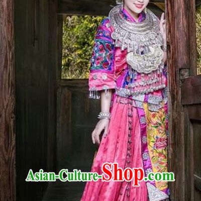Chinese Traditional Hmong Ethnic Costume Miao Nationality Folk Dance Wedding Dress and Headdress for Women